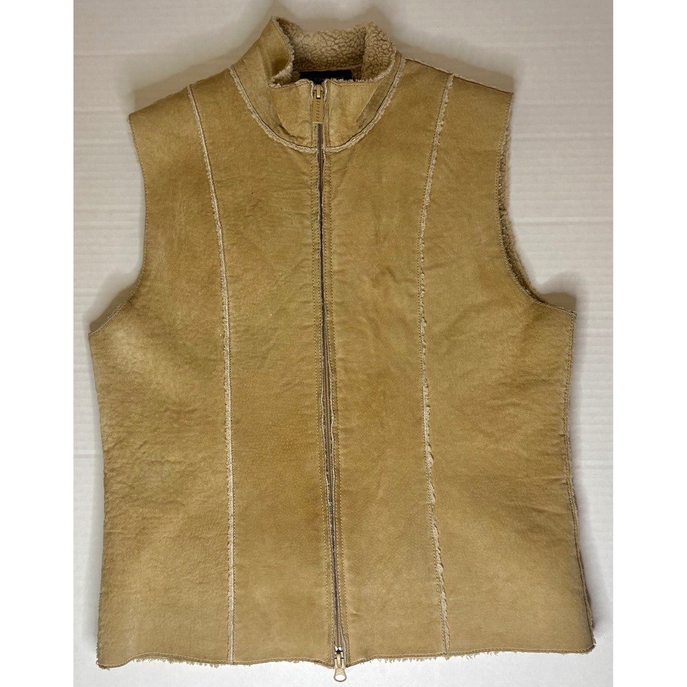 Vintage Express Tan Suede Leather Sherpa Lined Vest Y2K Boho Western - Picture 4 of 8